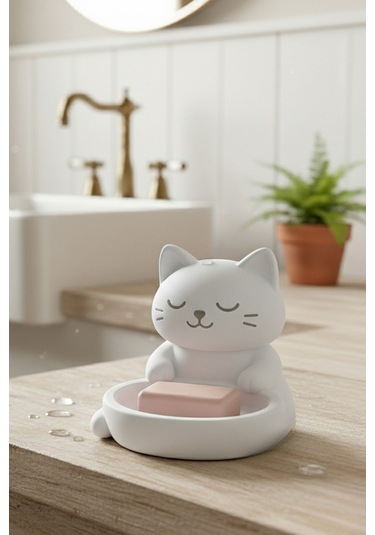 Oxyteez Kedi Figürlü Sabunluk Beyaz Renk Reçine Tasarım Ev Ve Ofis Dekorasyonu