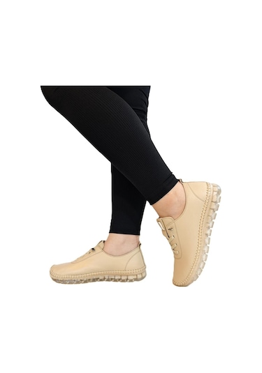 Voyager 9050 Bej Hakiki Deri Şeffaf Taban Bayan Ayakkabı Bej