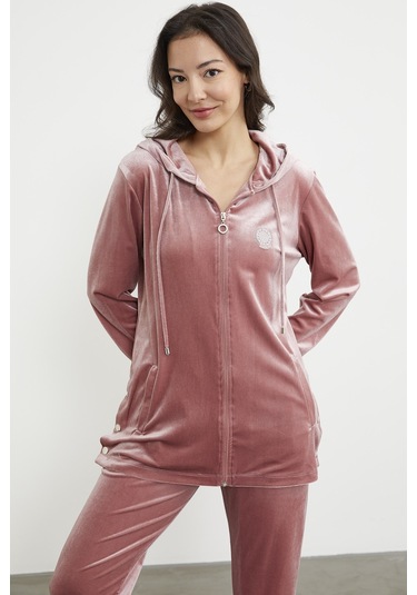Tam Fermuarlı Tunik Boy Kadife Eşofman Takım - Pudra 001