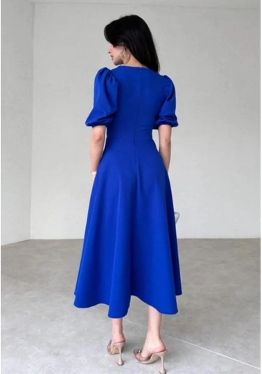 Kadın Kısa Balon Kollu Bisiklet Yaka Geniş Kesim Janjan Krep Elbise Saks Mavi