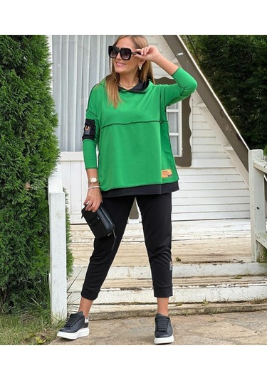 Kadın Yeşil Kapşonlu Etek Ucu Detay Arma Ikili Takım Bediva 001