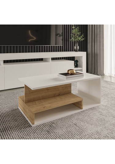 Vera Mini Orta Sehpa Modern Tasarım, Fonksiyonel Raflı Yap Beyaz/safir Meşe