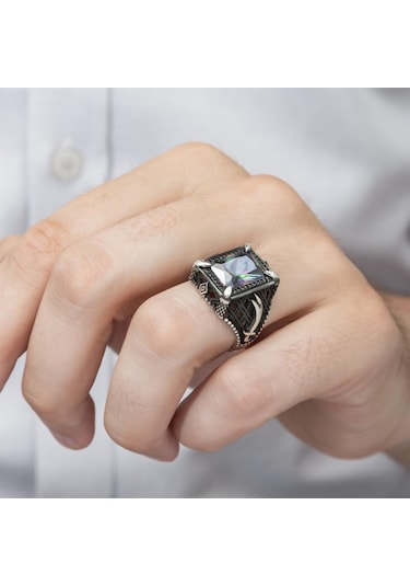 Zülfikar Desenli Kare Mistik Topaz Taşlı 925 Gümüş Erkek Yüzük