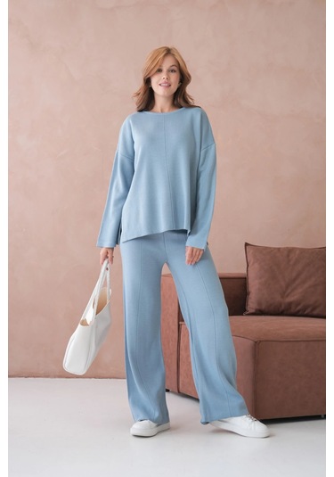 Kadın Bisiklet Yaka Düşük Kol Kazak Pantolon İkili Triko Takım Açık Mavi