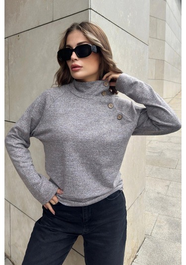 Kadın Gri & Pudra Tonlu Kendinden Desenli, Yumoş Kumaş, Uzun Kol, Düğme Detaylı, Boğazlı Bluz Pudra