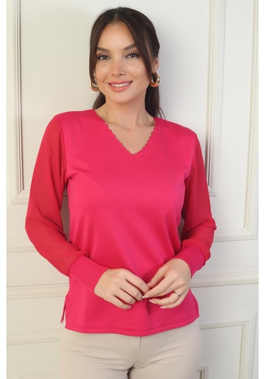 By Saygı Kadın Merdiven V Yaka Kolları Şifon Kazak-39611 Fuşya
