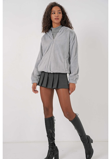 Gabria Kapüşonlu Pelüş Mont Açık Gri