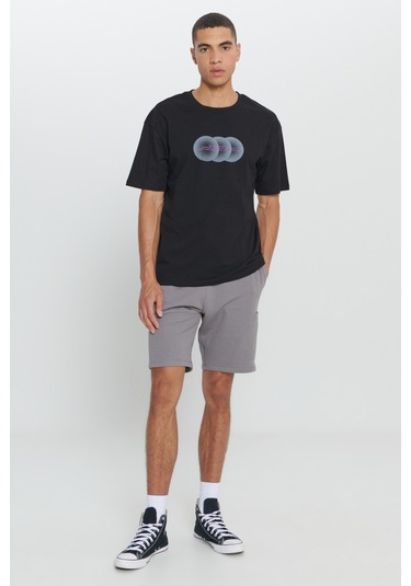 AC&Co / Altınyıldız Classics Erkek Sıyah Loose Fit Bol Kesim %100 Pamuk Baskılı Bisiklet Yaka Tişört Siyah