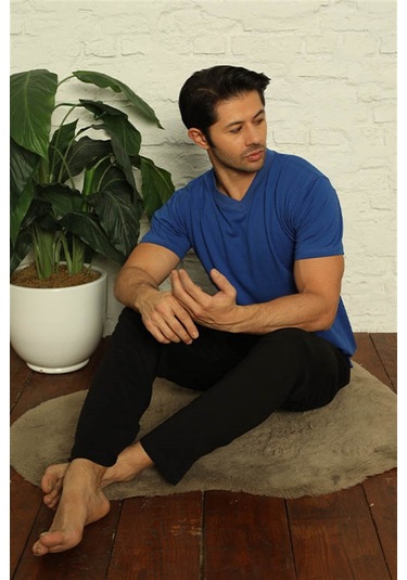 Akbeniz Erkek Sax V Yaka 3'Lü Pijama Takım 6822-Saks Saks Mavisi