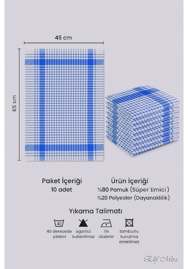 10 Lu Lüks Mutfak Kurulama Bezi Seti 45x65 Cm Table Linen Mavi