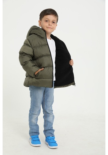 Freemen Erkek Çocuk Haki Polarlı Kürklü Kapüşonlu Su Geçirmez Rüzgara Dayanıklı Şişme Kışlık Mont Haki