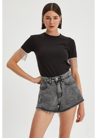Kadın Kolları Zincir Detaylı Basic T-shirt Siyah