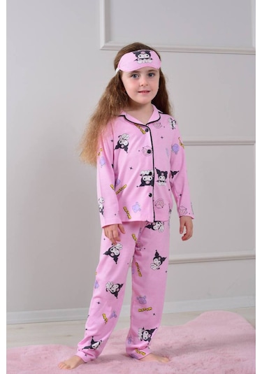 Kız Çocuk Kuromi Desenli Pembe Renki Uyku Bantlı Pijama Takımı Pembe Siyah