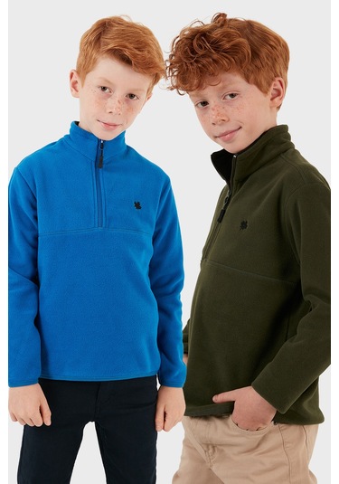 Lela Yumuşak Dokulu Fermuarlı Dik Yaka Şardonlu 2'Li Paket Çocuk Polar 5905002S2 Haki-Saks