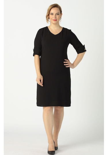 939 Siyah Kolu Düğmeli Krep Büyük Beden Kısa Elbise 001