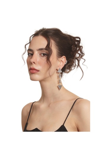 Kadın Antik Gümüş Kaplama Çivili Model Üçgen Parça Bağlantılı Tasarım Küpe Gümüş