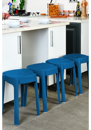 Kaymaz Ayaklı İç İçe Geçebilen Plastik Tabure-lacivert 4 Adet