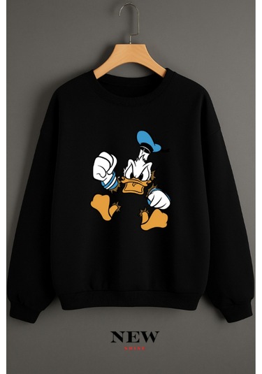 Ördek Baskılı Bisiklet Yaka Sweatshirt Siyah