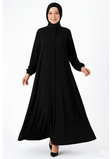 Medine İpeği Mevlana Kesim Cepli Kuşaklı Bol Ferace 4000-siyah Siyah