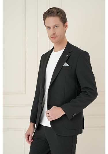 Comfort Fit Mono Yaka Çift Yırtmaç Torba Cep Casual Siyah Ceket C 698 Siyah