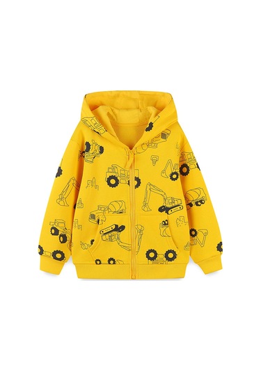 Kapüşonlu Erkek Çocuk Montu, Karikatür Baskılı Fermuarlı Gömlek, Sonbahar İçin Çocuk Pamuklu Sweatshirt Mont Sarı