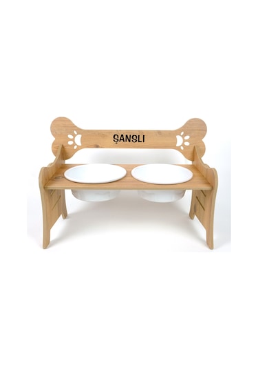 Realwood Özel İsimli Seramik Kaseli Büyük Irk Köpek Mama Su Kabı Stand