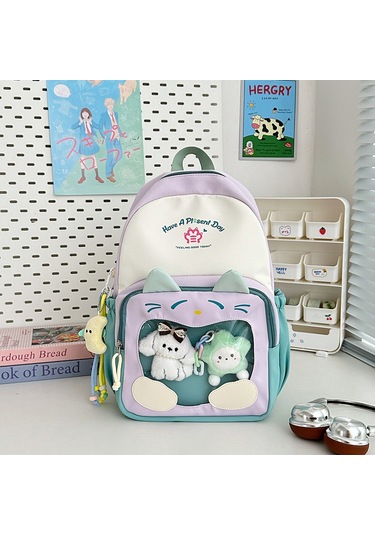 Sevimli Büyük Kapasiteli Trend Şeffaf Okul Çantası Lila - Yeşil