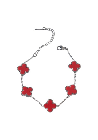 Hediye Takı İçin Kadın Bileklik Silver Çelik Kırmızı Mineli Yonca Diğer