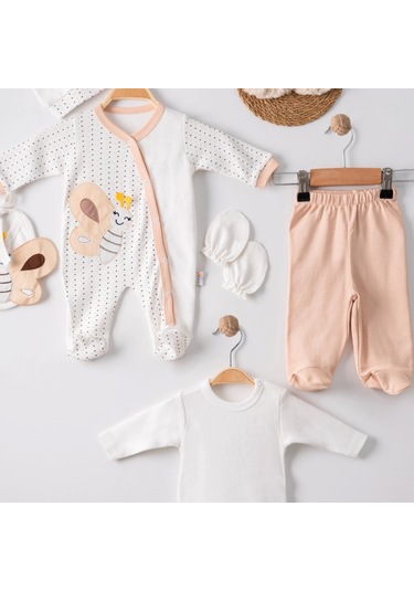 3 Ay Kelebek Nakış Tulumlu Erkek Bebek 5'li Set Kahverengi Kahverengi