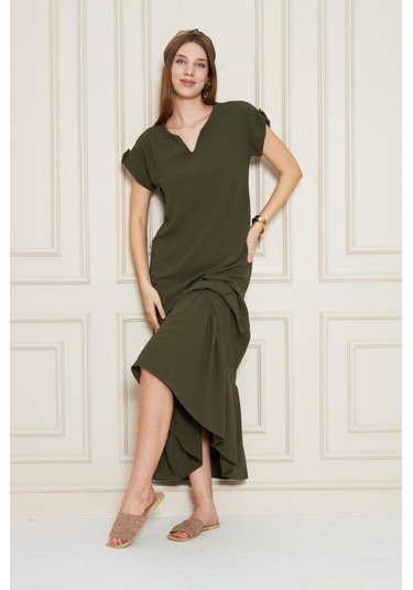 Kadın Uzun Eteği Fırfırlı Kısa Kol Apolet Detaylı Salaş Günlük Rahat Elbise 3761366 Haki