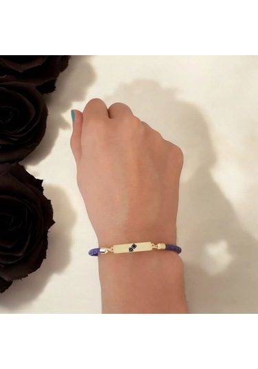 Archin Zar Temalı 14 Ayar Altın Plakalı Dikdörtgen Motifli Mor Derili Hediye Bileklik-412sembol Zar