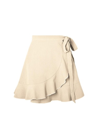 Yaz Kravat Yüksek Bel Düz Renk Fırfırlı Kısa Yarım Vücut Etek Bej