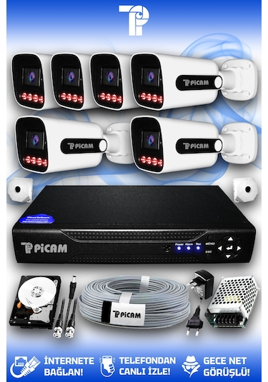 Picam 6 Kameralı Zebra 6 Dış Kamera Set 250 Gb 5 Mp 2k Net Gece Görüşlü Güvenlik Kamerası Sistemi