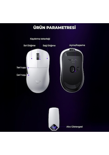 Aula Sc800 Lightweight Paw3395 Sensor 26000 Dpı 8000hz Kablolu Ve Kablosuz Gaming Oyuncu Mouse Beyaz