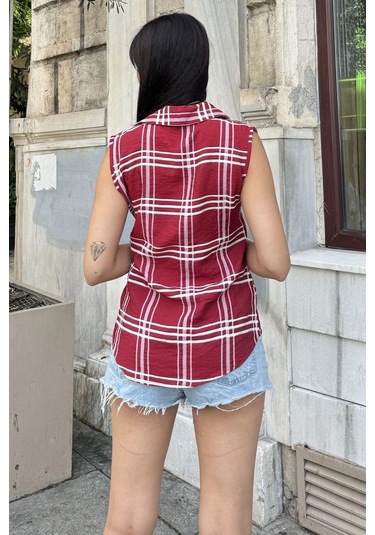 Kadın Bordo Ekose Desen, Dokulu Bodrum Kumaş, Kolsuz Rahat Gömlek Bordo