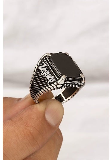 Kişiye Özel İsimli Oniks Taşlı Hasır Model Gümüş Erkek Yüzük -8287 Gümüş