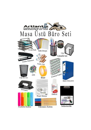 Masa Üstü Ofis Paketi 18 Parça Fotokopi Kağıdı Metal Evrak Rafı Metal Kalemlik Zımba Makinesi Teli Delegeç Çöp Kovası Küp Notluk