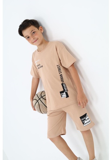 Erkek Çocuk Yazı Baskılı Kısa Kollu Şortlu Takım-5849-Bej