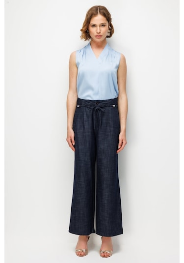 Ekol Kadın Beli Süs Kemerli Bol Paça Pantolon 4934 Indigo