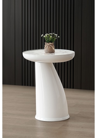 Elips Sehpa,tekli Sehpa,yan Sehpa,zigon Sehpa - Beyaz & Beyaz Mermer Desenli Beyaz Gövde & Beyaz Mermer Desenli Tabla