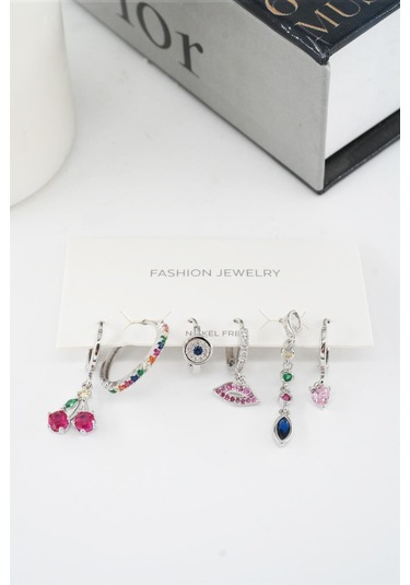 Kadın Vip Seri Mix Zirkon Taşlı 6'lı Küpe Seti Çok Renkli
