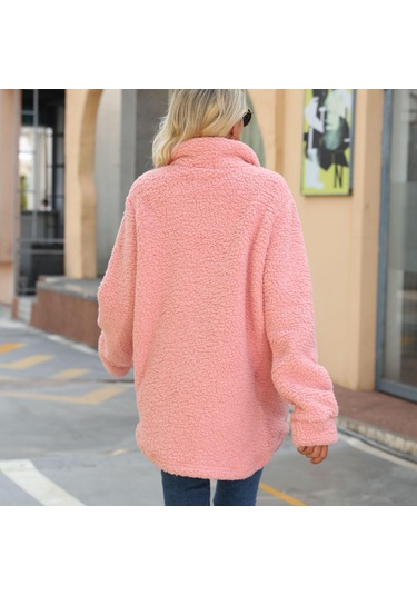 Sonbahar Ve Kış Kadın Ceket Yaka Uzun Kollu Gevşek Düğmeler Sahte Cepler Demir Olmayan Uzun Peluş Ceket Kayısı Açık Bej