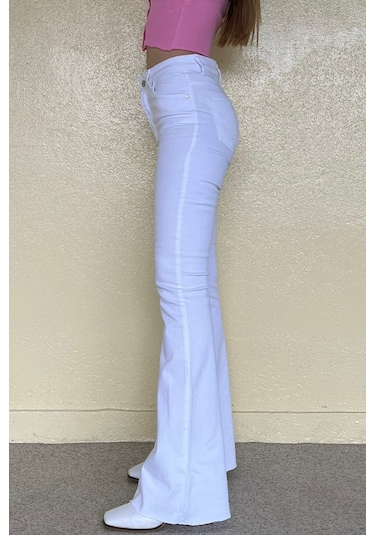 Kadın Beyaz Yırtmaçlı Likralı Ispanyol Paça Jean Pantolon Mg1518-Beyaz