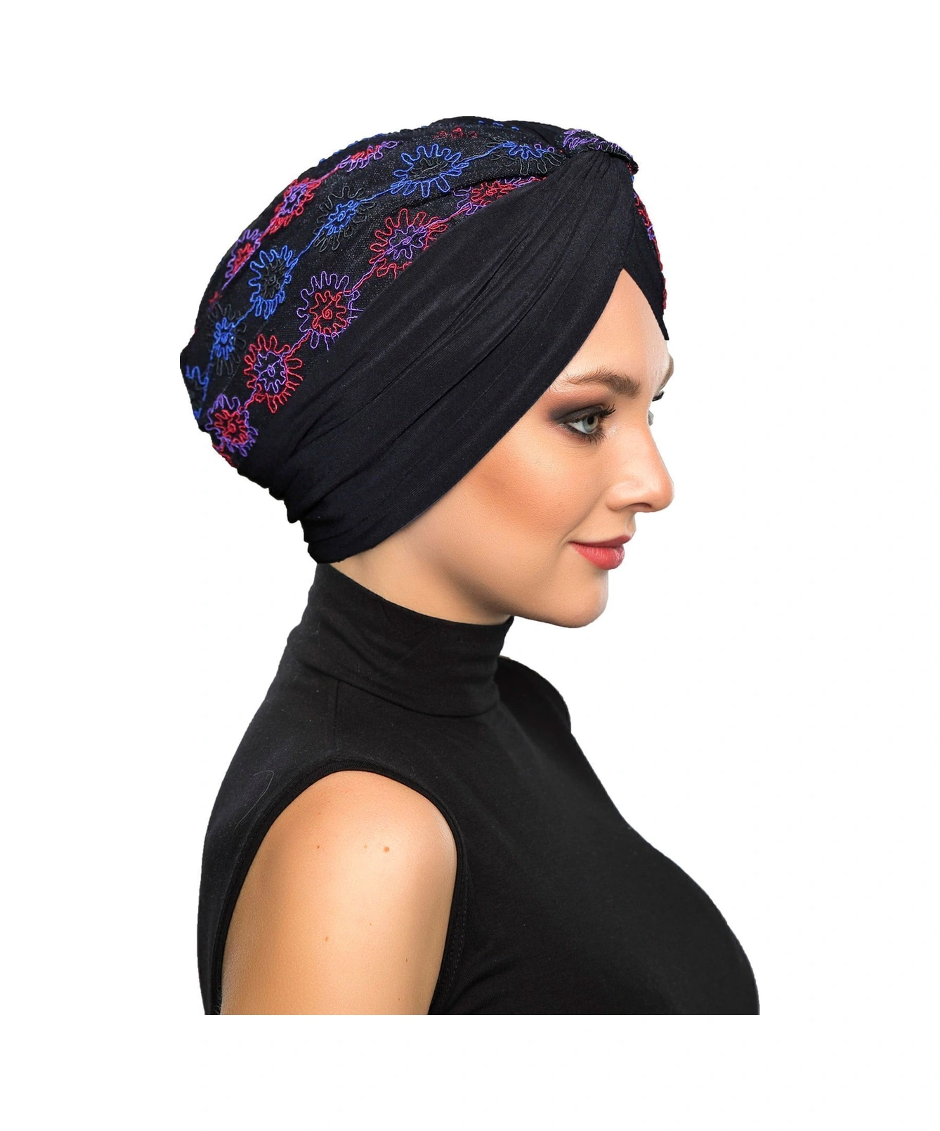 Otantik Nakış Motifli Astarlı Hazır Türban Tesettür Bone Siyah Motif 1