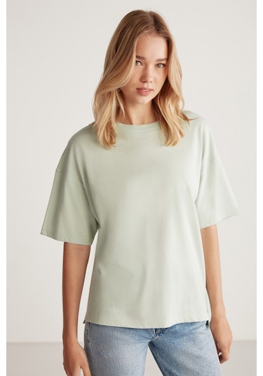 Jemmy Kadın Relaxed Kalıp Bisiklet Yaka %100 Pamuk Kısa Kollu Basic Mint Yeşil T-shirt