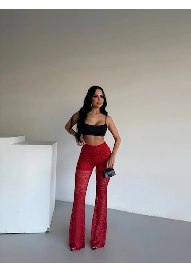 Havens Lace Kabartmalı İspanyol Paça Pantolon Kırmızı