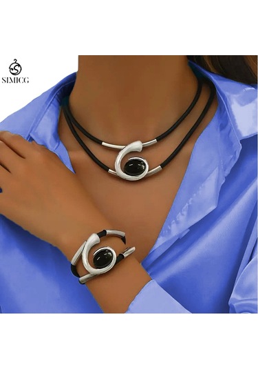 Bohem Tarzı Kolye Bilezik Seti Siyah Akrilik Salyangoz Seti Gümüş