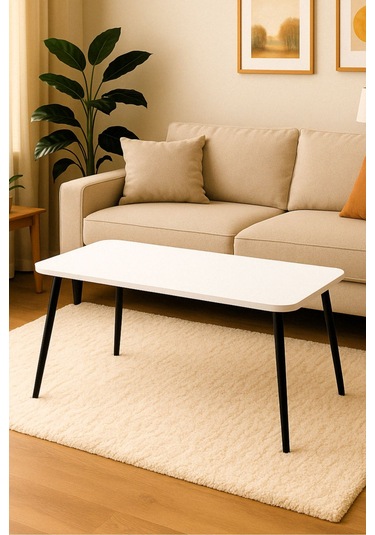 Dekoratif Dikdörtgen Orta Sehpa Siyah Ahşap Ayaklı Şık Tasarım Beyaz