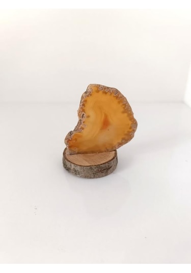 Doğal Taş Plaka Sarı Akik Ahşap Standlı Dekoratif Obje Biblo Traverten 16978