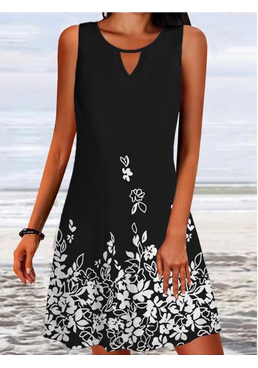 Yaz Kadın Etek Bol Baskı Uzun Kollu Tasarım Sense Çiçek Kolsuz Elbise Siyah